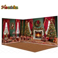 Mocsicka Vintage Red Christmas Room Backdrop Photography Green Fireplace Xmas Tree Toy Gift Background Winter Kids Family Photo