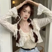 French Sweet Ruffles Women Thin Cardigan Summer Lace Patchwork Chiffon Cropped Top Fashion V Neck Lace Up Sun Protection Blouse