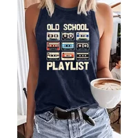 Tape & Letter Print Tank Top, Casual Sleeveless Tank Top For Summer, Women's Clothing