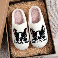 Pet-Themed French Bulldog Embroidered Plush Home Slippers with Thick Soles, Comfortable and Warm, Non-Slip Indoor Slippers, Cute and Warm, Gift for Pet Moms, Suitable for Both Men and Women