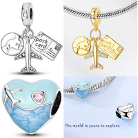 Traveling By Plane Charms Bead 925 Sterling Silver CZ Zircon Airplane Suitcase Pendants Fit Original Bracelet DIY Jewelry Gift