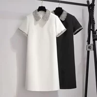New Chic Sparkling Diamond Beaded Peter Pan Collar Short Dress Women Summer Elegant Fashion Office Lady Simple T Shirt Dress