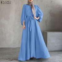 ZANZEA Muslim Modest Maxi Dress Women O-Neck Lantern Sleeve Sashed Loose A-Line Abaya Robes Islamic Hijabis Eid Ramadan Kaftan