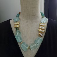 White Biwa Pearl Blue Quartz Rough Raw Chunk Necklace