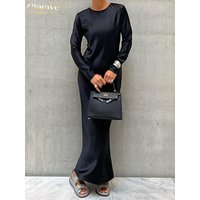 Clacive Casual Black Satin Women'S Dresses 2023 Elegant O-Neck Long Sleeve Ankle-Length Dress Fashion Simple Silky Female Dress