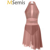Women's Figure Skating Dress Halterneck Ballet Suit with Asymmetrical Mesh Skirt Jersey Dance Body Modern Lyrical Dance Dresses