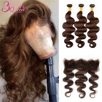 brown Color Body Wave Human Hair Bundles With Frontal #4 Virgin Hair Weaves Bundles With 13x4 Lace Frontal Bundles With Closure