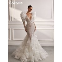 2025 Pleat 3D Flower Bride Robe Illusion Mermaid Bridal Dress Luxury Shiny Beads Pearls Wedding Gown Customized Vestido De Novia