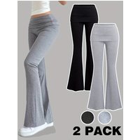 Kids Girls 2-Pack Fold Over High Waist Flare Pants, Soft Stretchy Solid Bell Bottom Casual Trousers 2 Colors Pack