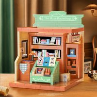 Retro Bookstore Building Block Model, Street Corner Independent Bookstore Design, Brick Exterior with Window Displays Built in Layers, Internal Bookshelves Arranged by Literary Categories, Rich in