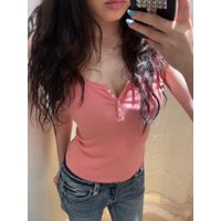 New Ribbed Buttons Slim Tank Tops Women Summer U Collar Cotton Sleeveless Vest Vintage Solid Sweet Basic Camisole Coral Red Tops