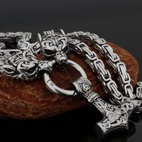Nordic Rune Wolf Kopf männer Halskette Wolf Kopf Edelstahl Thors Hammer Anhänger Amulett Mode Kreative Schmuck Großhandel