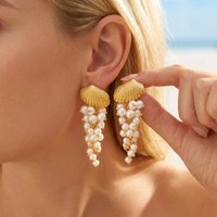 Boho Elegant Imitation Pearl Seashell Dangle Earrings For Women Creative Clustered Pear Shell Tassel Earring Beach Party Jewelry
