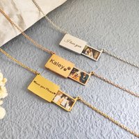 Personalized Stainless Steel Photo Locket Necklace - Custom Pull-Out Envelope Pendant with Engraved Message Meaningful Gift