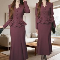 New Elegant 3D Flower Women's Suit High End Fashion Slim Long Sleeve Jacket Top + Mermaid Skirt Two Piece Set Office Lady