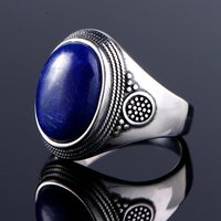Silver Plated Ring Natural Big Oval Lapis Rings for Men Women Retro Luxury Fine Jewelry Party Anniversary Gift