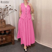 2026 ZANZEA Summer Elegant V Neck Sleeveless Shirt Dress Sets Fashion Women 2 Piece Sets Solid Outfits Stylish OL Work Suit