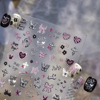 Black Pink Y2K Style Stripe Plaid Heart Bow Butterfly Cross Star 5D Embossed Nail Stickers Self Adhesive Nail Art Ornament DIY