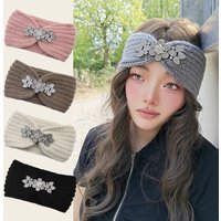 Rhinestone Headband Elastic Ear Warmer Knitted Headwrap Turban Wide Brim Headwear for Women Girl Winter Fashion Hair Accessories