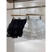 Y2K Gothic Black Layered Mesh Lace Cake Skirt Women Elastic High Waist Tiered Ruffle Mini Skirt A Line Lolita Daily Wear
