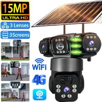 15MP 3 Lens 3 Screens Wifi Or 4G Sim Solar Camera Outdoor Surveillance Wireless Cctv PTZ IP66 Security Solar Panel Cameras V380