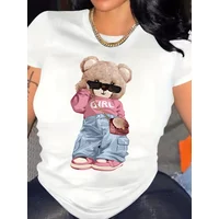 Plus Size Cute Bear Print T-shirt Short Sleeve Crew Neck Casual Top for Summer & Spring Women's Clothing T Shirt Female Y2k Tops