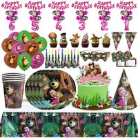 Masha And The Bear Birthday Party Decoration Disposable Tableware Set Cups Plates Napkins Backdrop Banner Balloon Party Supplies