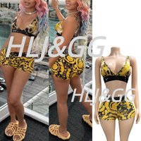 HLJ Yellow Leopard Sexy Print Trend Two Piece Sets Women V Neck Spaghetti Strap Crop Top And Shorts Outfit Fashion Streetwear BR