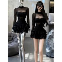 plus Size Sexy Short Dress Mesh Splice Half High Collar Atmosphere Sensation Black Long Sleeve Polyester Fitted A-Line Skirt