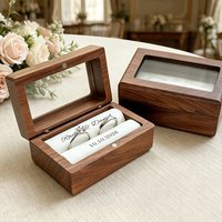 Free Custom Logo Walnut Wood Ring Box Wooden Engraving Wedding Proposal Engagement Clear Window Custom Name and Date Ring Box