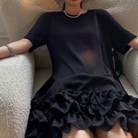 Women's Summer Black Dress Casual Loose Fit Ruffle Trim Short Sleeve A-Line Midi Dress