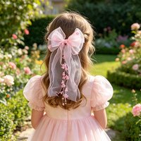 Cute Princess Tulle Bow Hair Clips for Girl Long Ribbon Streamer Flower Decor Hair Barrettes Toddler Kids Sweet Hair Accessories
