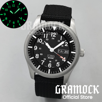 GRAMOCK NH35A NH36A Modified Watch Part 42MM Retro Brushed Silver Watch Case Nylon Strap Luminous Dial Waterproof Sapphire Glass