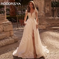 RODDRSYA Long Sleeve V Neck Wedding Dress Lace Exquisite A Line Satin High Split Bridal Dresses Customized vestidos de novia