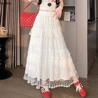 Streetwear Lace Patchwork White Long Skirt Women 2026 High Waist Y2k Clothes Slim Casual A Line Mid Length Vintage Sweet Skirts