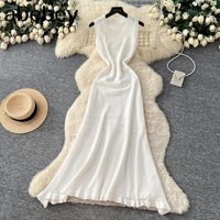 Women's White Sleeveless V Neck Crochet Knit Maxi Dress Hollow Out Ruffled Hem Stretchy Knit Beach Cover Up Summer Long Sundress