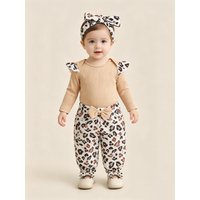 Baby Girl Spring Autumn Leopard Print Three-Piece Set with Stripe Short Sleeves Romper Leopard Patterned Trousers Hairband