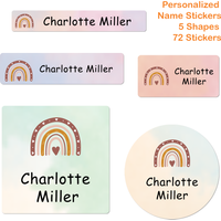 72pcs Personalized Waterproof Name Labels Kids Boho Rainbow Peel Stick Stickers Custom School Daycare Camp Nursery Label Pack