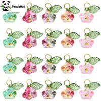 Pandahall 50Pcs 5 Colors Trumpet Charms Colorful Glass Flower Charms with Green Leaf Trumpet Flower Charms for Jewelry Making