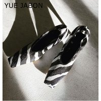 Black Square Head Early Spring New Lady Pumps Zebra-Print Soft Leather Pleated Elastic Witch High Heel Deep Mouth Granny Shoes