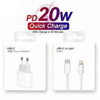 20W PD EU Fast Wall Charger For iPhone 11 12 13 14 Pro XS Max 8 14 Plus X XR Rapid Charge USB-C Charging Cable With Retail Box