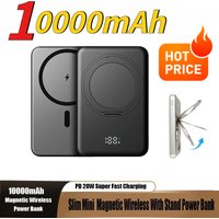 10000mAh Slim Mini Magnetic Wireless Power Bank PD20W Fast Charger Stand Portable External Battery for IPhone Samsung