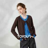 TOYOUTH Women Cardigans 2026 Autumn New Hollow Out Knit Color Block Fake Two Piece Bow Tie Up Tops