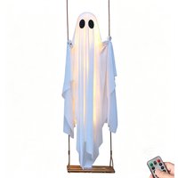 Wisząca Huśtawka z Duchem – Dekoracja na Halloween, Uroczy Biały Duch z Lampką na Sznurku, Straszna Ozdoba na Ganek, Podwórko, Drzewa