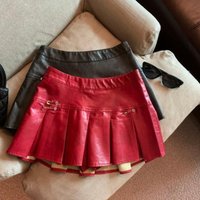 Amerikanischer Faltenrock aus PU-Leder für Damen, schmaler Minirock mit hoher Taille, Rot und Schwarz