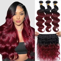 Human Hair 1B/Burgundy Brazilian Body Wave Weave Bundles 100% Human Hair Bundles With 4x4 Lace Closure Remy Hair Extension