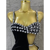 Luxury Glamorous Black Asymmetrical Velvet Rhinestone Dress Dinner Cocktail Event Party Stage Performance Dress