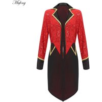 Womens Circus Ringmaster Tailcoat Halloween Cosplay Magician Sequin Tuxedo Outerwear Long Sleeve Open Front Show Blazer Jacket