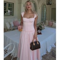 YENKYE New 2026 Women's French Sweet Pink Corset Midi Dress Short Sleeve A-Line Casual Summer Party Dresses Cotton Sundress