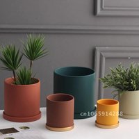 Nordic Ceramic Plant Pot with Tray Cactus Cylinder Succulent with Hole Small Flowerpot Pot Container Herb Colorful Planter Drain